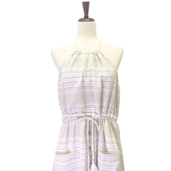 Minkpink Textured Neutral Tan White Striped Midi Halter Summer Dress Size Large - Picture 5 of 12